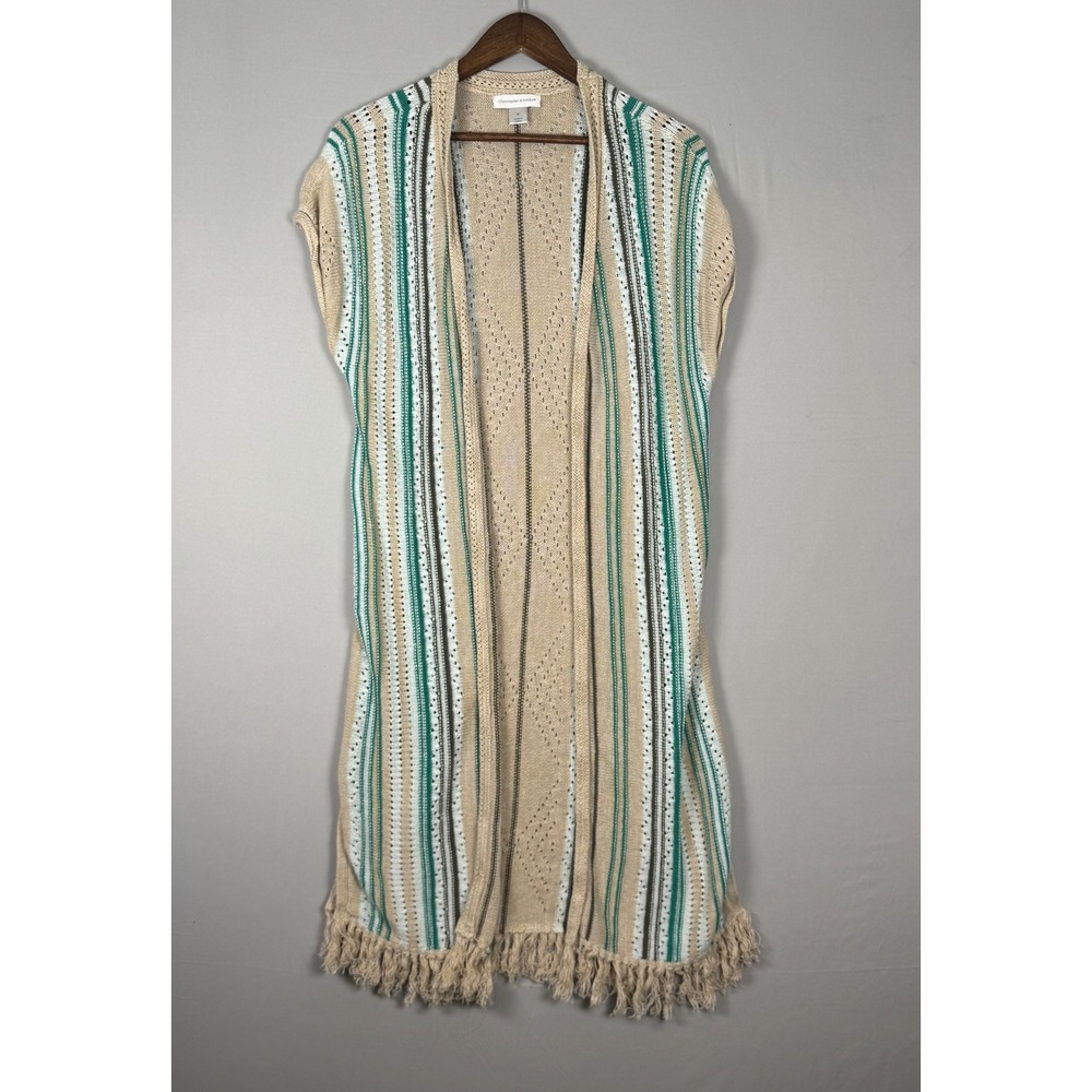Christopher & Banks Vest Women M Tan Green Striped Fringe Excellent Cardigan